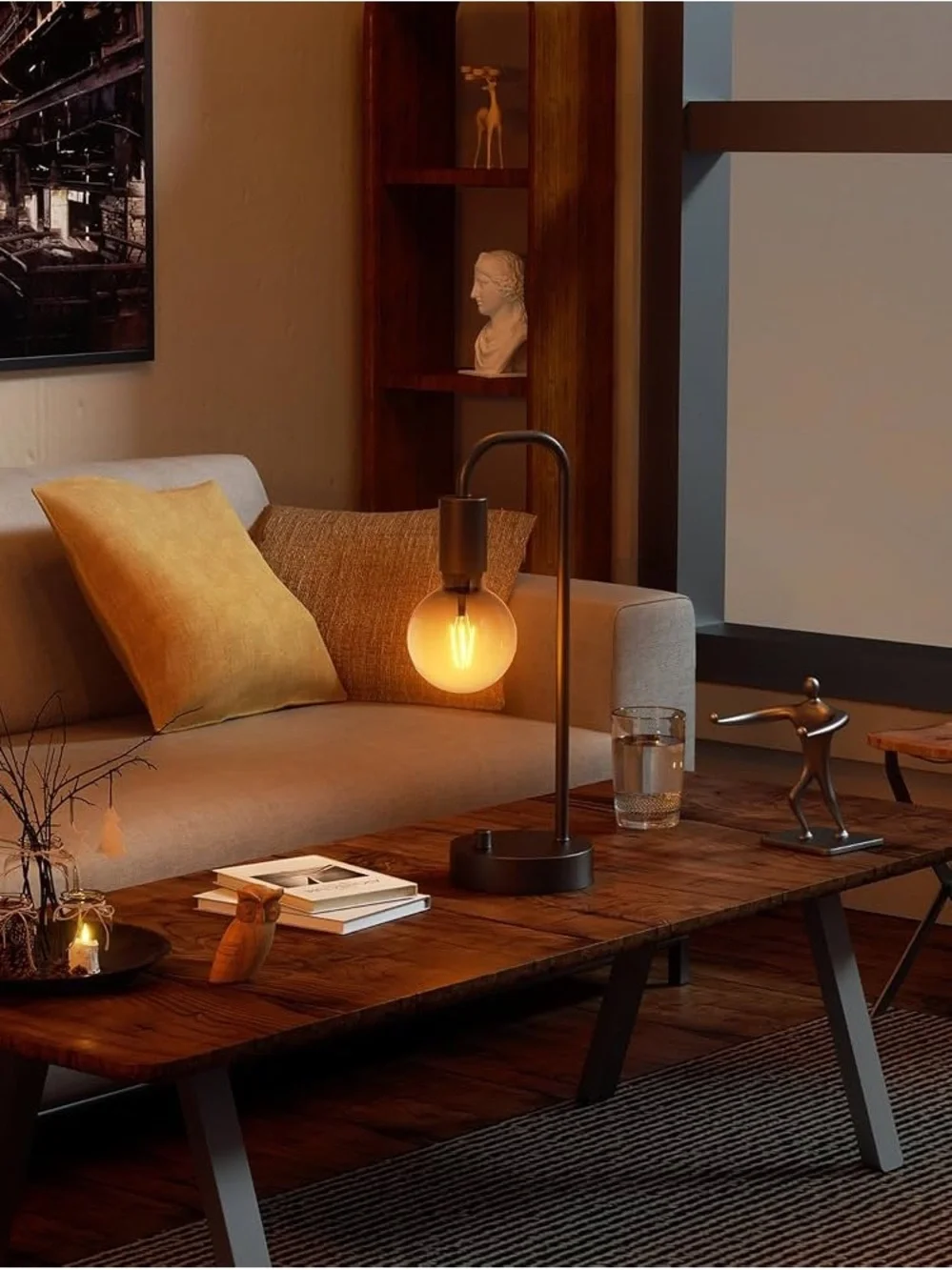 Modern Black Metal Table Lamp with Amber Glass Bulb Dimmable